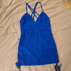 Bebe x Naven Blue Satin Shift mini dress in women's small